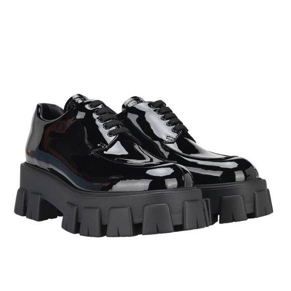 Authentic Prada Monolith Derby Shoes in Patent Black - Picture 1 of 16